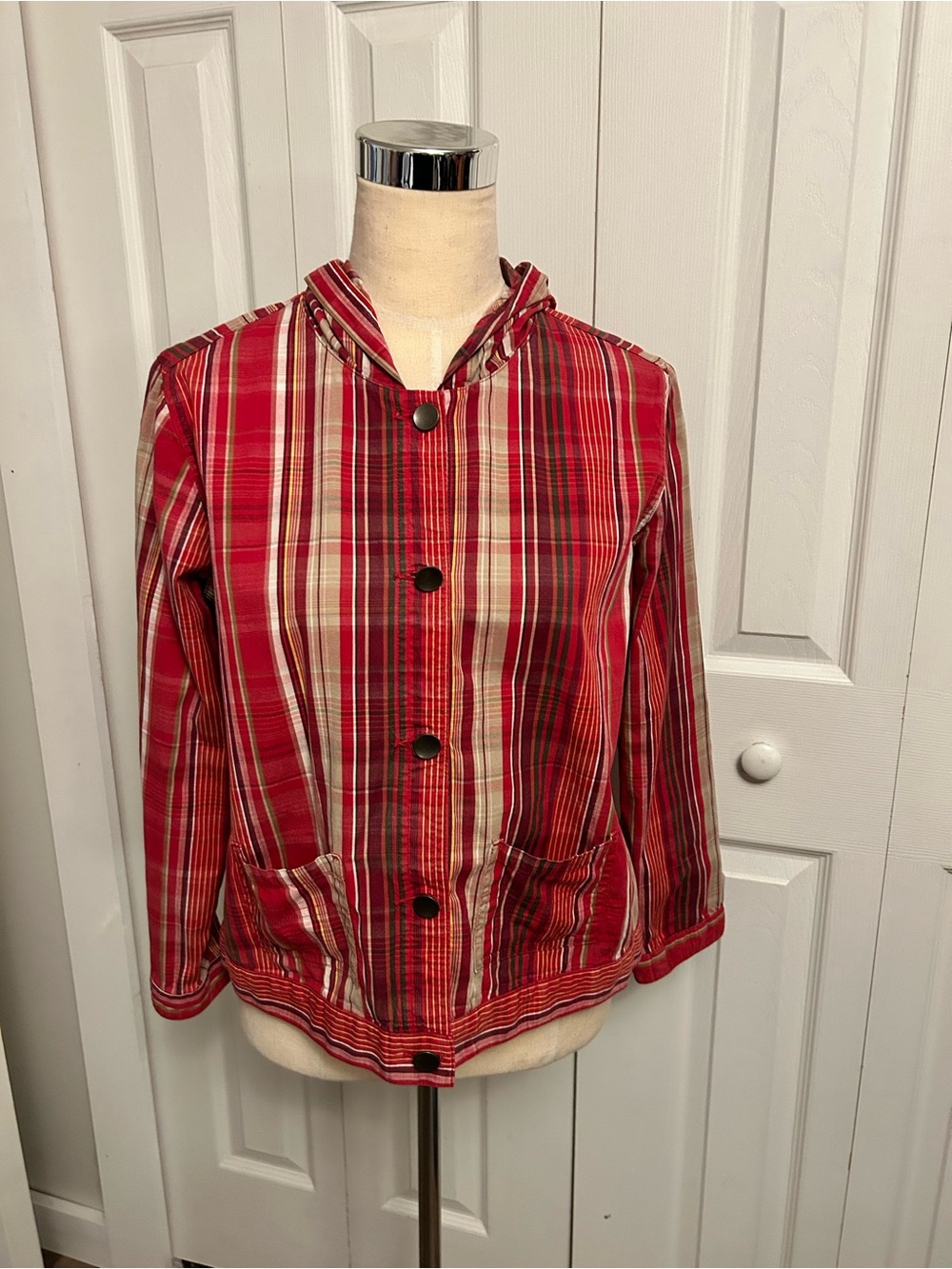 Christopher & Banks Hooded Button-Up Pocket Shirt Jacket Red Stripe, PM